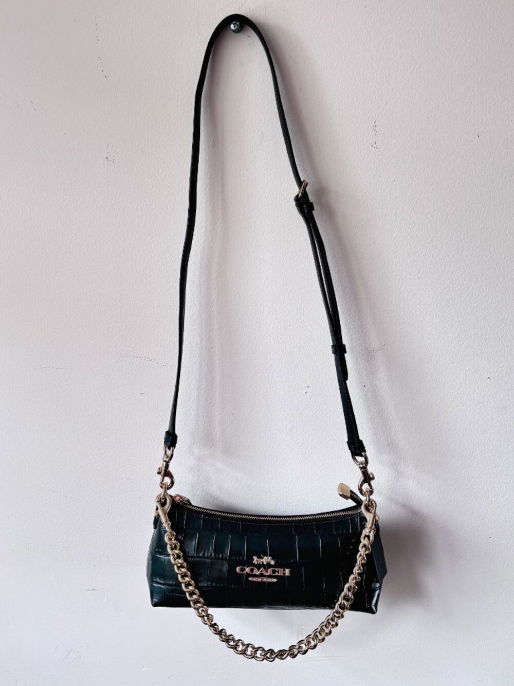 Coach Charlotte Shoulder Bag Dark Green Croc Embossed Leather Gold Chain LikeNew - Picture 6 of 8